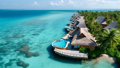 Wall Mural - Serene aerial view of a tropical resort featuring thatched villas nestled in crystal blue waters