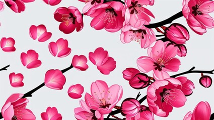 Wall Mural - Pink cherry blossoms petals inked seamless plain white background design