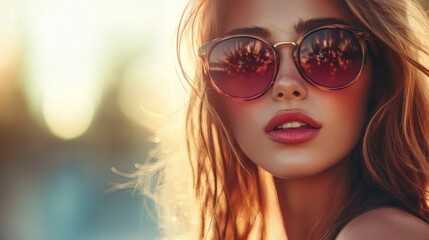 Wall Mural - Close up portrait of a young woman wearing sunglasses outdoors.