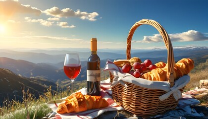 Poster - Charming mountain picnic featuring a basket filled with baguette, red wine, and croissants under a sunny sky