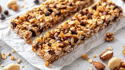 Snack Bars. Homemade Granola Energy Bars with Healthy Ingredients on White Paper