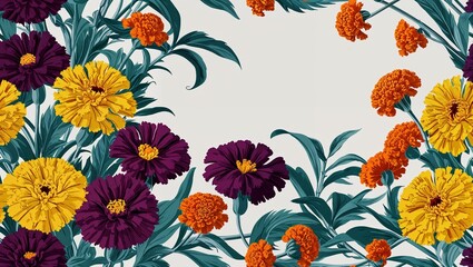 Wall Mural - Plum marigolds inkbrush seamless plain white background design