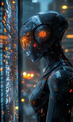 A futuristic female android looks out of a window at a cityscape.