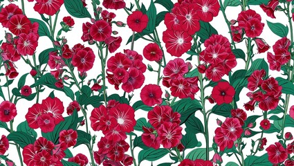 Wall Mural - Ruby hollyhocks ink line seamless plain white background design