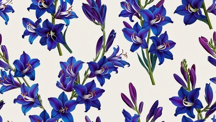 Wall Mural - Sapphire gladiolus inked flower seamless plain white background design