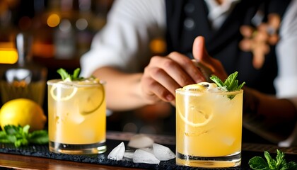 Wall Mural - Refreshing cocktails with lemon and a splash of water crafted by a skilled bartender