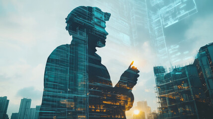 A double exposure image showcasing silhouette of construction worker against backdrop of futuristic skyscraper. blend of technology and construction evokes sense of innovation and progress in urban de