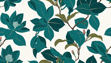 Wall Mural - Teal magnolias geometric patterns seamless plain white background design