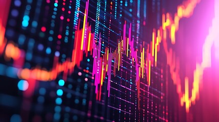 Wall Mural - A stock market chart pulses with red, pink, and blue lights, reflecting the dynamic flow of financial data.