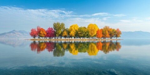 Sticker - A stunning landscape featuring tree reflections on a calm lake. The vibrant autumn colors create a peaceful scene. Ideal for nature lovers and photo enthusiasts. AI