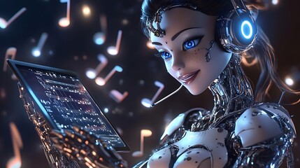 A robotic woman with blue eyes and headphones smiles as she looks at a tablet with music notes on the screen surrounded by musical notes.