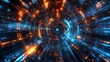 © Johannes - Digital technology background with blue and orange lights, glowing digital data streams in the center of abstract futuristic space tunnel or dark corridor with light particles and