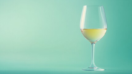 Elegant glass of white wine, standing on a pastel mint green background, with soft light reflections.