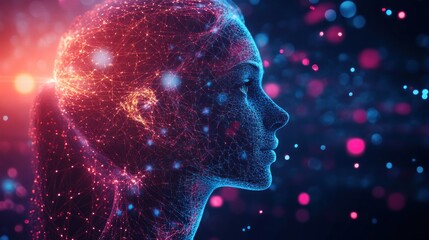 Wall Mural - Abstract digital woman's face with glowing lines and bokeh.