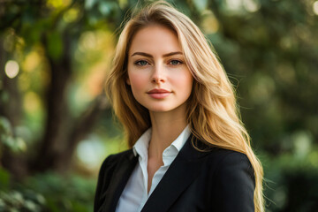 Portrait of a beautiful blonde European woman in outdoor costume. Business woman waist portrait