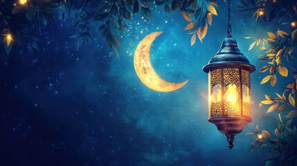 Wall Mural - A glowing lantern hangs from a tree branch against a night sky with a crescent moon and stars.