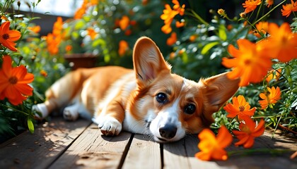 Wall Mural - Joyful corgi basking in the sun amidst vibrant orange flowers on a rustic wooden surface in a lively garden