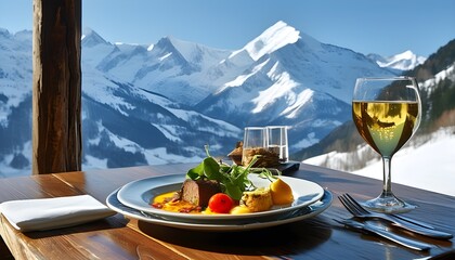 Wall Mural - Scenic alpine dining experience overlooking majestic snow-capped mountains with a rustic wooden table setting