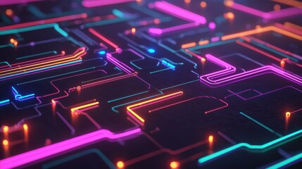 A colorful computer circuit board with neon lights. The board is made up of many different colored lines and shapes. The colors are bright and vibrant