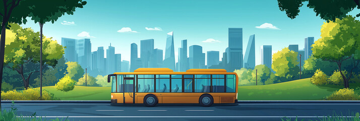 A cute cartoon vector illustration flat cartoon of Buses running on the road, both sides of the road are green grass. There is a seat waiting for the car,city background, side view.