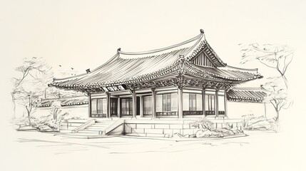 A hand-drawn sketch of a Korean palace, created with a pen.