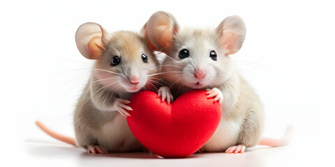 Wall Mural - Two adorable mice snuggled up together, holding a heart symbolizing their love , Romance, Valentine's Day, cute, animals