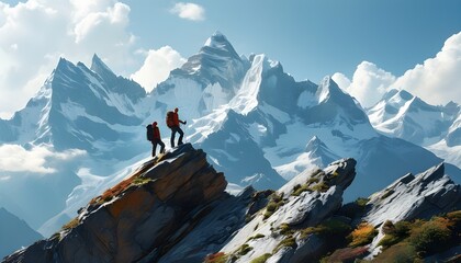 Wall Mural - Triumphant hikers atop a majestic mountain peak overlooking breathtaking landscapes