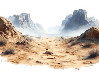 Desert planet with rocky canyons and dust storms, isolated on white background, clip art style