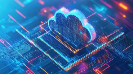 Poster - 3d render of a cloud computing symbol on a futuristic neon circuit board.