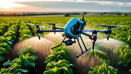 High-tech agricultural drone efficiently applying fertilizer over verdant farmland in a picturesque rural landscape