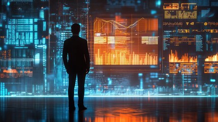 Businessman standing in front of a large screen displaying data and charts.