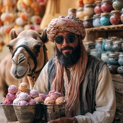 Man in turban with camel and ice cream.