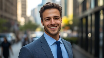 Smiling businessman wearing a suit and tie in an urban environment.