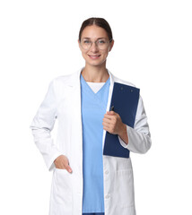 Poster - Nurse in medical uniform with clipboard on white background