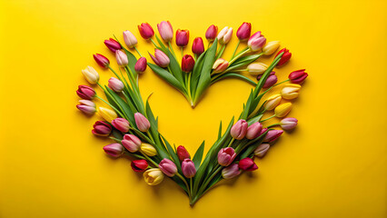 Heart-shaped arrangement of tulips on yellow background, tulips, heart, flowers, yellow, love, romance, bouquet, spring