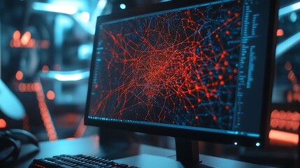 Wall Mural - Computer Monitor Displaying a Network Visualization with Red Lines and Blue Dots