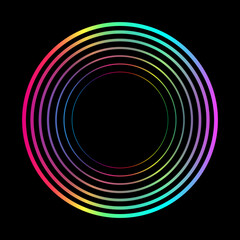 Poster - Abstract round frame colorful rainbow spectrum colors isolated on black background with copy space. Vector circles lines pattern design template in concept of sound, music, equalizer, AI, technology