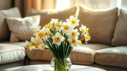 white daffodils in vase on table in living room