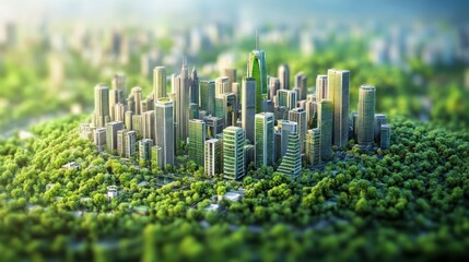 Miniature city model surrounded by lush green trees.