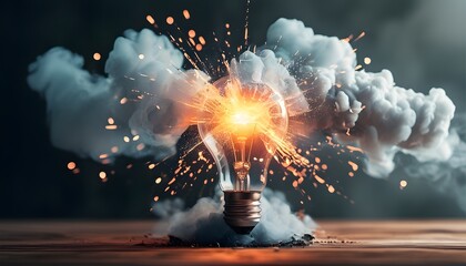 Wall Mural - Dynamic explosion of a light bulb surrounded by dramatic smoke and sparks, representing the power of ideas and innovation.