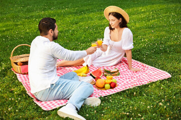 Wall Mural - Lovely couple clinking glasses of juice on picnic blanket outdoors