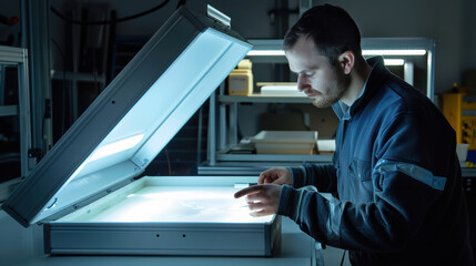 A focused man examines translucent surface under bright light in workshop, showcasing precision and attention to detail in his work