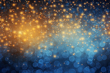 Blue background with silver and gold snowflake particles and blurred bokeh sparkles