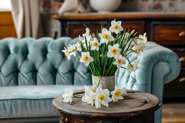 white daffodils in vase on table in living room