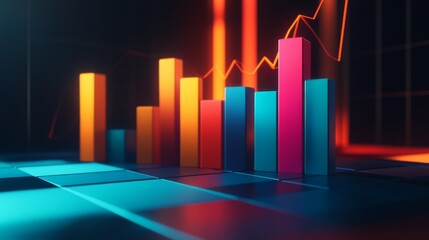 Leinwandbilder - A high-tech 3D bar graph rising dramatically, with bold colors and shadow effects, showing financial projections and market growth.
