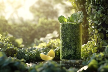 A refreshing green smoothie amidst lush foliage, symbolizing health and vitality in a vibrant, natural setting.