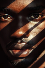 Wall Mural - portrait of african american man close up with shadows on face stripes shadows on face Generative AI