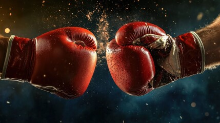 Two red boxing gloves colliding with a burst of dust and sparks in mid air.