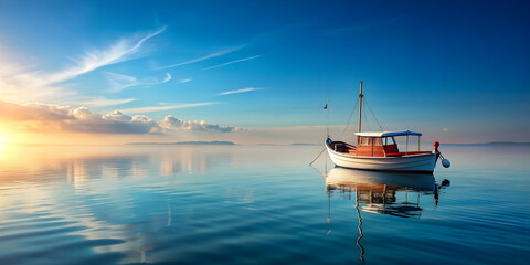 Wall Mural - A boat peacefully sailing on calm waters, sailing, boat, water, ocean, peaceful, nature, nautical, transportation