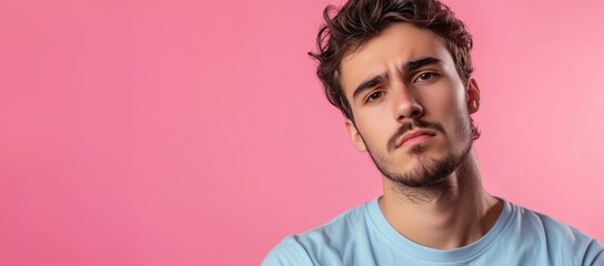 Wall Mural - portrait of a young man on a pink background close-up Generative AI